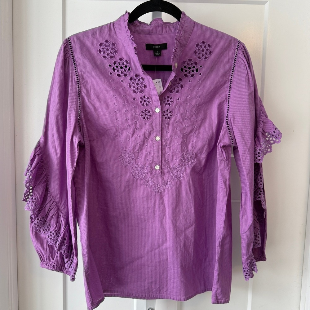 J.Crew Eyelet Ruffle Sleeve Top Purple‎ Wisteria Dobby Blouse Womens S NEW